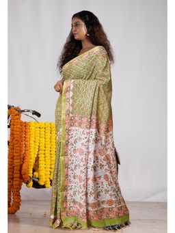 Unnati Silks - Green Pure Pashmina Block Printed Chanderi Soft Silk Saree with Unstitched Blouse