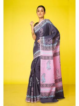 Unnati Silks - Grey Pure Hand Block Printed Soft Cotton Saree with Unstitched Blouse