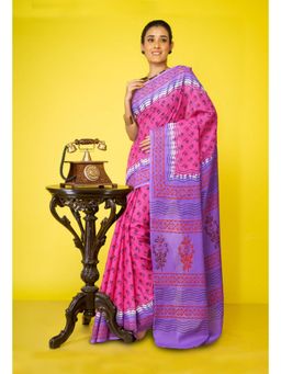 Unnati Silks - Pink Pure Hand Block Printed Soft Cotton Saree with Unstitched Blouse
