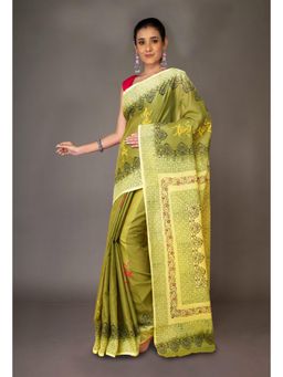 Unnati Silks - Green Pure Hand Block Printed Soft Cotton Saree with Unstitched Blouse