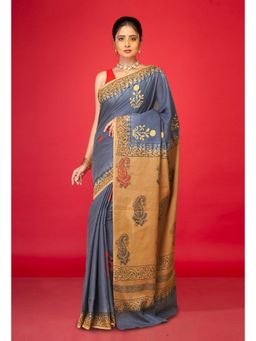 Unnati Silks - Grey Pure Hand Block Printed Soft Cotton Saree with Unstitched Blouse
