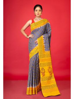 Unnati Silks - Grey Pure Hand Block Printed Soft Cotton Saree with Unstitched Blouse