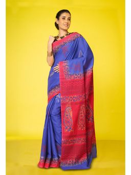 Unnati Silks - Blue Pure Hand Block Printed Soft Cotton Saree with Unstitched Blouse