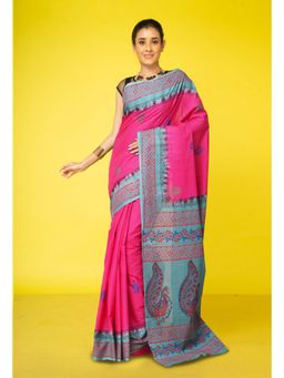 Unnati Silks - Pink Pure Hand Block Printed Soft Cotton Saree with Unstitched Blouse