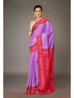 Unnati Silks - Lavender Pure Hand Block Printed Soft Cotton Saree with Unstitched Blouse