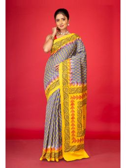 Unnati Silks - Grey Pure Hand Block Printed Soft Cotton Saree with Unstitched Blouse