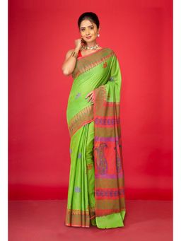 Unnati Silks - Green Pure Hand Block Printed Soft Cotton Saree with Unstitched Blouse