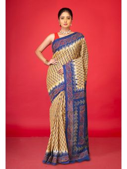 Unnati Silks - Brown Pure Hand Block Printed Soft Cotton Saree with Unstitched Blouse