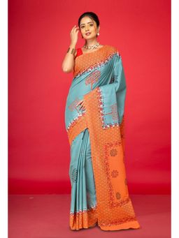 Unnati Silks - Green Pure Hand Block Printed Soft Cotton Saree with Unstitched Blouse