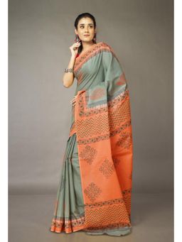 Unnati Silks - Green Pure Hand Block Printed Soft Cotton Saree with Unstitched Blouse