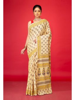 Unnati Silks - Cream Pure Hand Block Printed Soft Cotton Saree with Unstitched Blouse