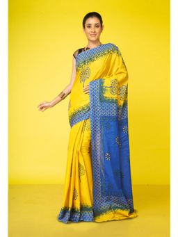 Unnati Silks - Yellow Pure Hand Block Printed Soft Cotton Saree with Unstitched Blouse