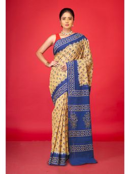 Unnati Silks - Beige Pure Hand Block Printed Soft Cotton Saree with Unstitched Blouse