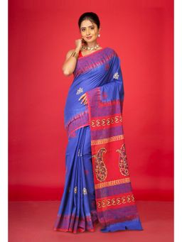 Unnati Silks - Blue Pure Hand Block Printed Soft Cotton Saree with Unstitched Blouse