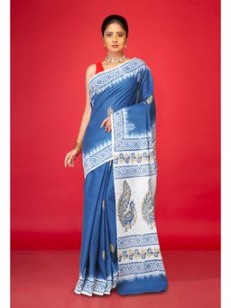 Unnati Silks - Blue Pure Hand Block Printed Soft Cotton Saree with Unstitched Blouse
