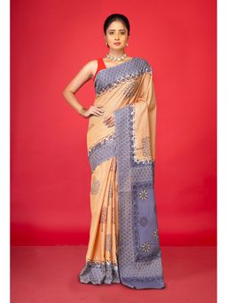 Unnati Silks - Brown Pure Hand Block Printed Soft Cotton Saree with Unstitched Blouse