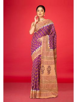 Unnati Silks - Purple Pure Hand Block Printed Soft Cotton Saree with Unstitched Blouse
