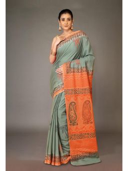 Unnati Silks - Green Pure Hand Block Printed Soft Cotton Saree with Unstitched Blouse