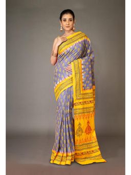 Unnati Silks - Grey Pure Hand Block Printed Soft Cotton Saree with Unstitched Blouse