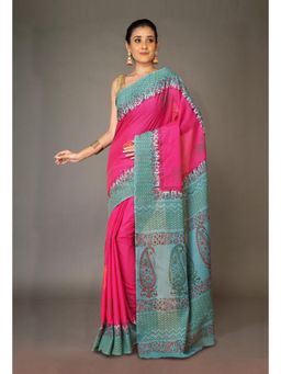 Unnati Silks - Pink Pure Hand Block Printed Soft Cotton Saree with Unstitched Blouse