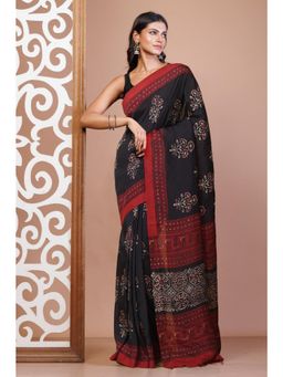 Unnati Silks - Black Pure Ajrakh Printed Soft Silk Saree with Unstitched Blouse