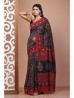 Unnati Silks - Black Pure Ajrakh Printed Soft Silk Saree with Unstitched Blouse