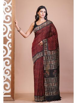 Unnati Silks - Red Pure Ajrakh Printed Soft Silk Saree with Unstitched Blouse