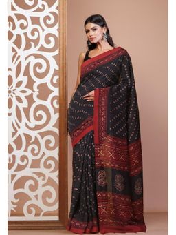 Unnati Silks - Black Pure Ajrakh Printed Soft Silk Saree with Unstitched Blouse