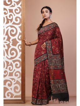 Unnati Silks - Red Pure Ajrakh Printed Soft Silk Saree with Unstitched Blouse