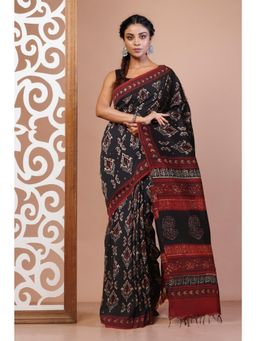Unnati Silks - Black Pure Ajrakh Printed Soft Silk Saree with Unstitched Blouse