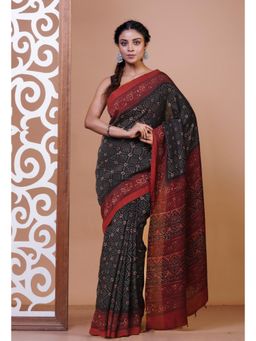 Unnati Silks - Black Pure Ajrakh Printed Soft Silk Saree with Unstitched Blouse