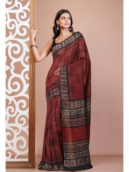 Unnati Silks - Red Pure Ajrakh Printed Soft Silk Saree with Unstitched Blouse