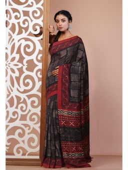Unnati Silks - Black Pure Ajrakh Printed Soft Silk Saree with Unstitched Blouse