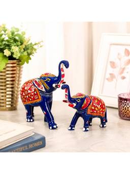 eCraftIndia - Blue Handcrafted Elephant Family Decorative Showpiece (Pack Of 2)
