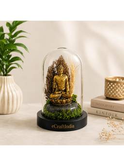 eCraftIndia - Gold Buddha Statue In Glass Dome Decorative Spiritual Showpiece