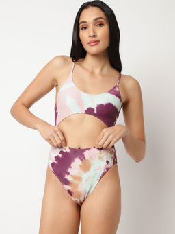Missguided - Multi-Color Contrast Tie Dye High Leg Cut Out Swimsuit