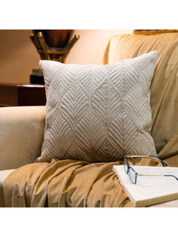 Lush & Beyond - Beige Cotton Quilted & Embroidered Cushion Cover (18x18 Inches)