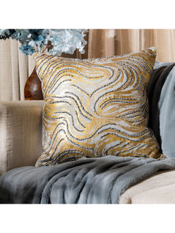 Lush & Beyond - Gold Faux Silk Foil Printed & Embellished Cushion Cover (18x18 Inches)