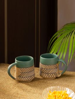 ExclusiveLane - Chevron Waves' Handcrafted Tea & Coffee Mugs (Set of 2, 280 ML, Microwave Safe)