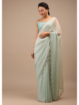 KALKI FASHION - Aqua Blue Georgette Saree Sequins and Scallop Motifs with Unstitched Blouse