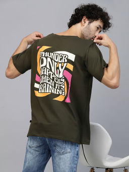 RIGO - Men Army Olive Oversized Back Printed Terry T-Shirt