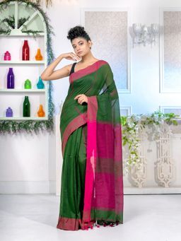 CHARUKRITI - Green Pure Cotton Handwoven Soft Saree with Unstitched Blouse