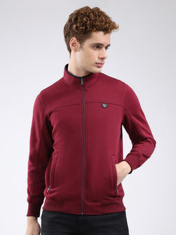 Monte Carlo - Men Maroon Regular Fit Mock Neck Solid Zip Full Sleeve Sweatshirt