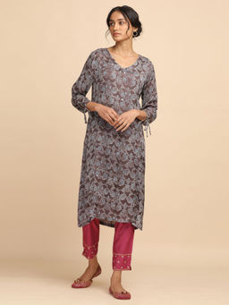 Folksong - All Over Jaal Dark Grey Ajrakh Print Kurta in Modal Satin