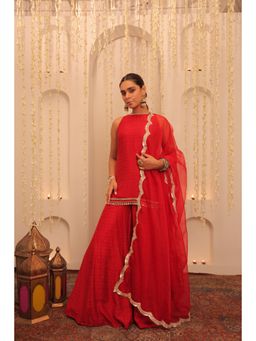 Alaya by Stage3 - Mehfil Crimson Red Kurti and Sharara with Dupatta (Set of 3)