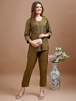 Tikhi Imli - Olive Green Silk Blend Sequence Co-Ord (Set of 2)
