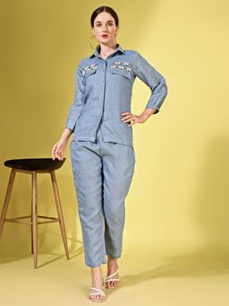 Tikhi Imli - Powder Blue Linen Shellwork Co-Ord (Set of 2)