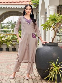 Tikhi Imli - Beige Silk Blend with Mirror Patch Work Kurta and Pant (Set of 2)