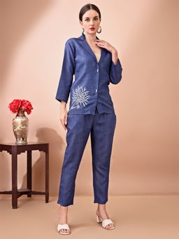 Tikhi Imli - Denim Blue Linen White Beads and Thread Embroidered Co-Ord (Set of 2)