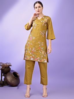 Tikhi Imli - Mustard Silk Blend Multi Embroidered Kurta and Pant (Set of 2)